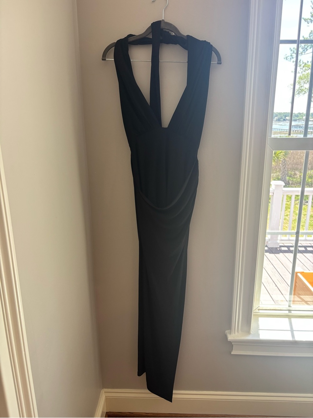 Ramy Brook Black Plunging Halter Draped Maxi